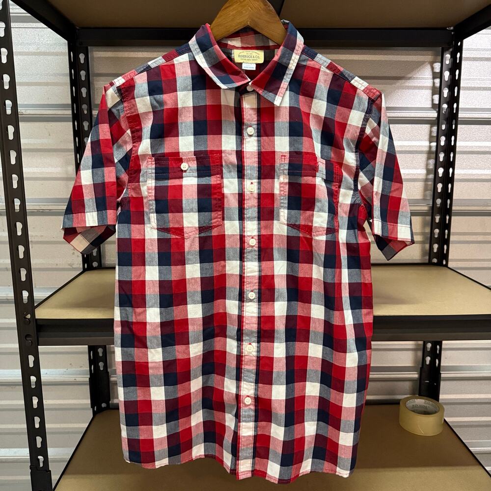 Roebuck Co Red Navy Plaid Short Sleeve Shirt Mens Size XL
